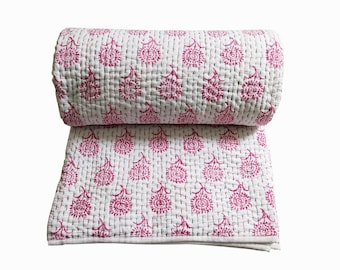 Indian Solid Kantha Quilt Pink Handmade Quilt, Jaipuri Quilt Soft Cotton Filling Razai Kantha Quilt