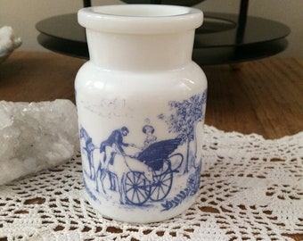 Belgium Apothecary Jar || White Milk Glass || Horse and Carriage Scene || Label Jar