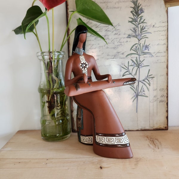 Vintage Tribal Lady Statue Playing A Stringed Trough Zithers Instrument