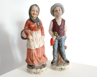 Farming Couple || Ceramic Figurines || Farming Man with Carrot || Farming Woman with Basket || Vintage Collectible Statue