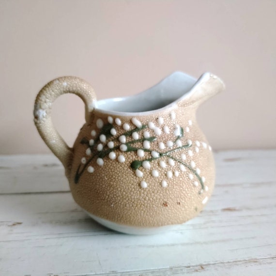 Japanese Banko Ware Bankoware Sharkskin Glaze Mini Pouring Pitcher Beaded  Floral Moriage Late 1800s Early 1900s 