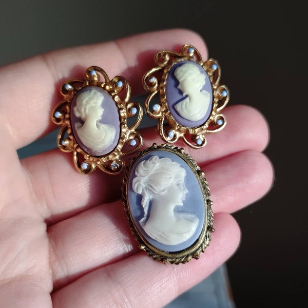 Cameo || Victorian Brooch || Cameo Jewelry || Victorian Jewelry || Jewelry Gift || Lavender Cameo || Clip On Earrings + Brooch