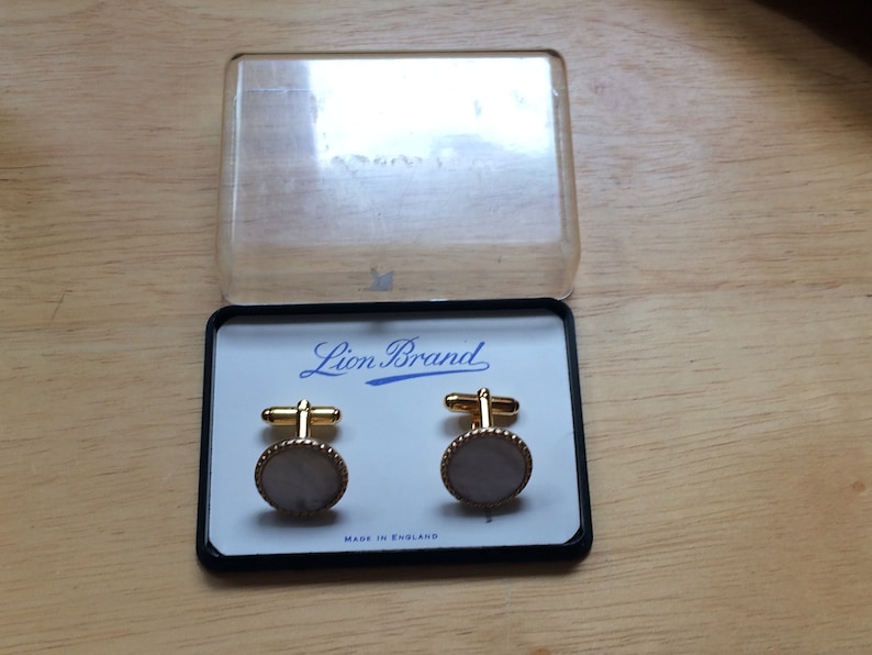 Cuff links by Lion BrandMother of Pearl Gold-Tone Never Used Cuff-LinksMan Giftcollectors SetVintage Gift