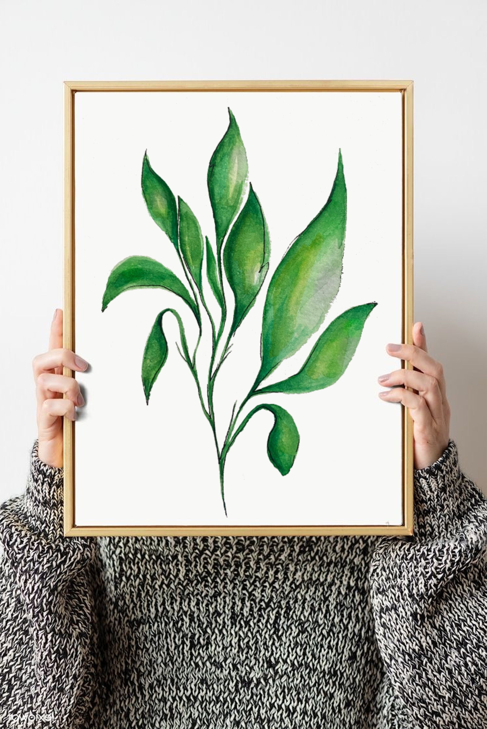 Prints watercolour leaf painting simple nature print Green leaf picture green wall art framed in