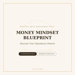 Op de afbeelding: Een digitale zelfontdekkingstool getiteld Money Mindset Blueprint met de ondertitel Discover Your Abundance Pattern. Het bevat een knop voor een quiz van 15 vragen, een knop voor directe download en de tekst Asli De Bree onderaan.