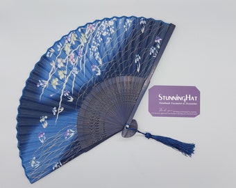 Blue with flower and butterfly beautiful Hand Bamboo Fan //Folding Fan, Tea Party hand fan