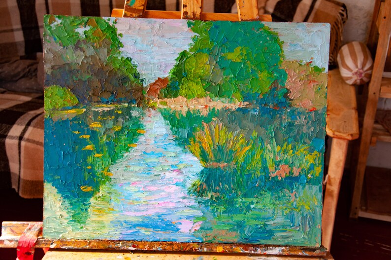 New Hampshire Painting Original Artwork New England Lake Impasto Painting Canvas Panel Artwork 16 by 20 by Pogodina