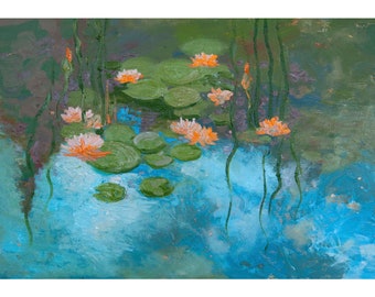 Water Lily Painting Original Canvas Art Monet Pond Artwork Small Landscape Painting Oil on Canvas 24* 16 inches by Pogodina