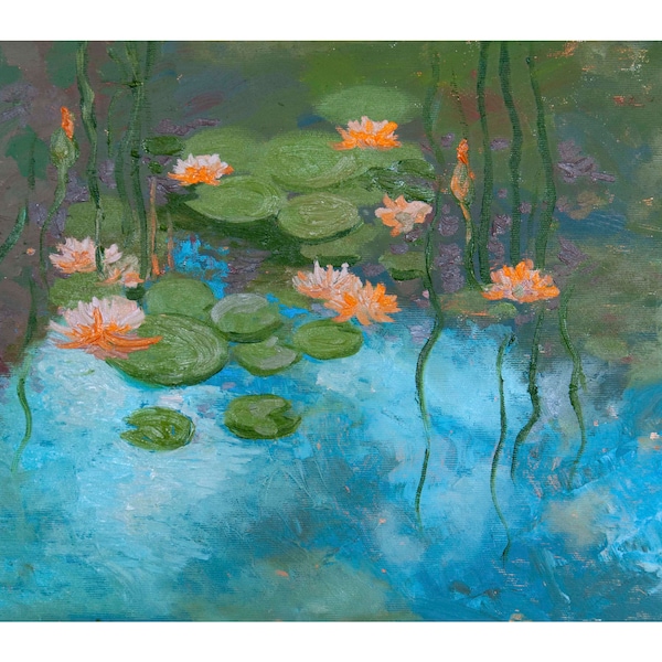 Water Lily Painting Original Canvas Art Monet Pond Artwork Small Landscape Painting Oil on Canvas 24* 16 inches by Pogodina