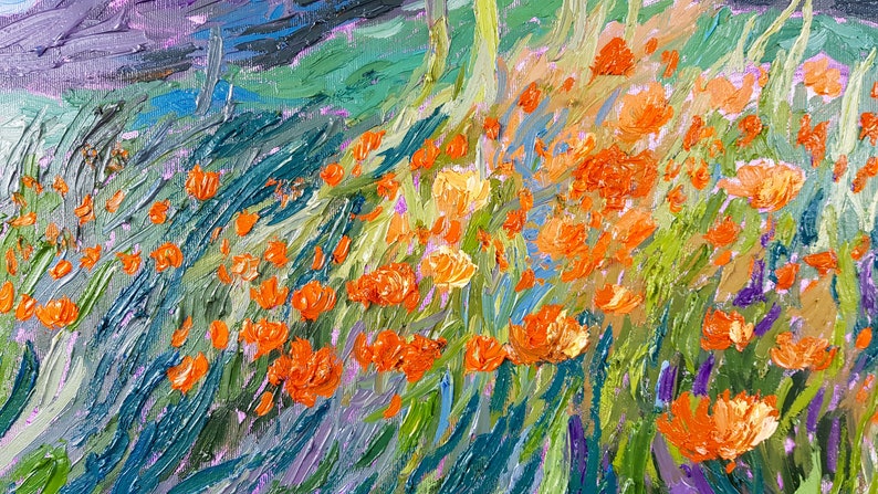 California Poppy Painting Canvas Artwork Yellow Poppy Hills Art Golden Poppy Textured Art by Pogodina