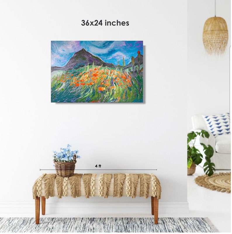 California Poppy Painting Canvas Artwork Yellow Poppy Hills Art Golden Poppy Textured Art by Pogodina