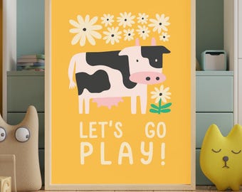 Let’s Go Play Cow Nursery Print, Colourful Farm Animal Wall Art, Kids Room Decor, Baby Nursery Print, Playroom Wall Art