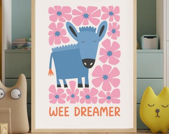 Wee Dreamer Scottish Nursery Print, Donkey Wall Art, Colourful Kids Room Decor, Scottish Baby Gift, Nursery Animal Print
