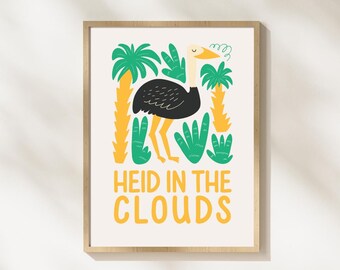 Heid in the Clouds Scottish Nursery Print, Ostrich Wall Art, Colourful Kids Room Decor, Scots Nursery Art, Scottish Baby Gift