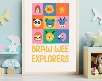 Braw Wee Explorers Nursery Print, Scottish Animal Wall Art, Colourful Kids Room Decor, Fun Scottish Baby Gift, Nursery Art Print