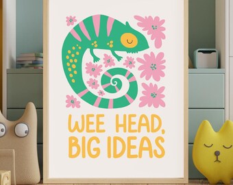 Wee Head Big Ideas Scottish Nursery Print, Colourful Chameleon Wall Art, Scots Kids Room Decor, Positive Nursery Art, Scottish Baby Gift