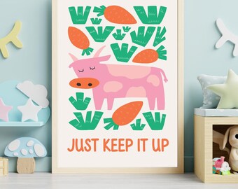 Just Keep It Up Scottish Nursery Print, Colourful Cow Wall Art, Scots Kids Room Decor, Positive Nursery Art, Scottish Baby Gift