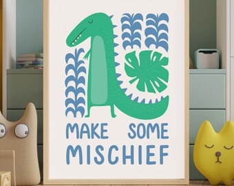 Make Some Mischief Dinosaur Nursery Print, Colourful Kids Wall Art, Scottish Nursery Decor, Dinosaur Bedroom Art, Fun Kids Print