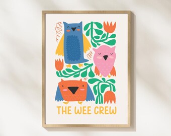 The Wee Crew Scottish Nursery Print, Colourful Owl Wall Art, Scots Kids Room Decor, Scottish Baby Gift, Animal Nursery Print