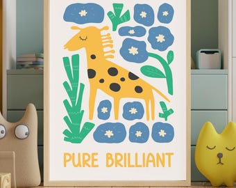 Pure Brilliant Giraffe Nursery Print, Colourful Kids Wall Art, Giraffe Bedroom Decor, Scottish Nursery Print, Positive Kids Art