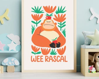 Wee Rascal Orangutan Nursery Print, Colourful Kids Wall Art, Fun Animal Nursery Decor, Scottish Kids Print, Playroom Wall Art