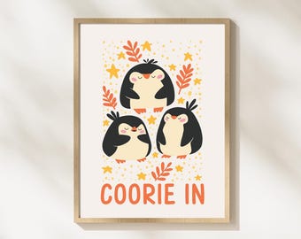 Coorie In Penguin Nursery Print, Scottish Kids Wall Art, Colourful Nursery Decor, Penguin Bedroom Print, Cosy Scottish Baby Gift