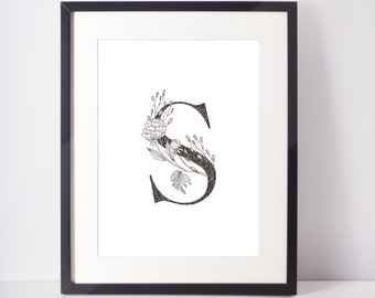 Letter S | Initial Floral Flower Letter | UNFRAMED PRINT | Monogram Wall Art | Scandi Minimalist | Typography Monochrome Black and White