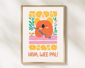 Hiya Wee Pal Koala Nursery Print, Scottish Kids Wall Art, Colourful Animal Nursery Decor, Fun Baby Room Print, Scottish Baby Gift