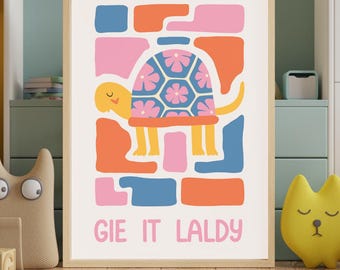 Gie It Laldy Scottish Nursery Print, Colourful Tortoise Wall Art, Scots Kids Room Decor, Positive Nursery Art, Scottish Baby Gift