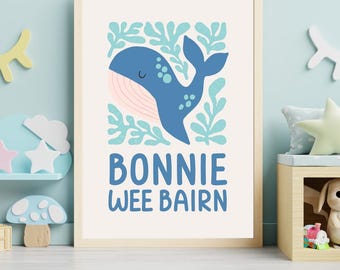 Bonnie Wee Bairn Whale Nursery Print, Scottish Baby Gift, Colourful Nursery Wall Art, Ocean Kids Print, Scots Nursery Decor