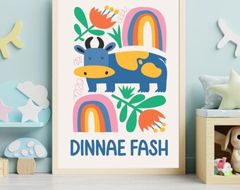 Dinnae Fash Scottish Nursery Print, Colourful Cow Wall Art, Scots Kids Room Decor, Scottish Baby Gift, Nursery Animal Print