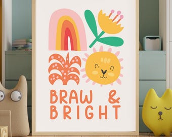 Braw & Bright Scottish Nursery Print, Colourful Lion Wall Art, Scots Language Baby Gift, Rainbow Kids Room Decor, Nursery Art