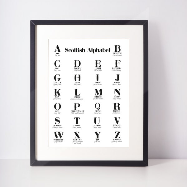 Scottish Alphabet Scots UNFRAMED PRINT Room Home Minimalist Art Decor Monochrome Typography Fun Scandi Scotland Slang Definition Scottish