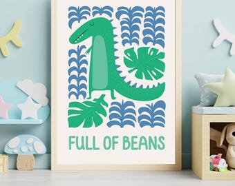 Full of Beans Dinosaur Nursery Print, Colourful Kids Wall Art, Fun Scottish Nursery Decor, Dinosaur Bedroom Print, Scottish Baby Gift