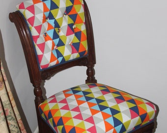 Victorian, vibrant, harlequin, occasion chair, stylish, antique, vintage, retro, refurbished, restored, dining chair, upholstery