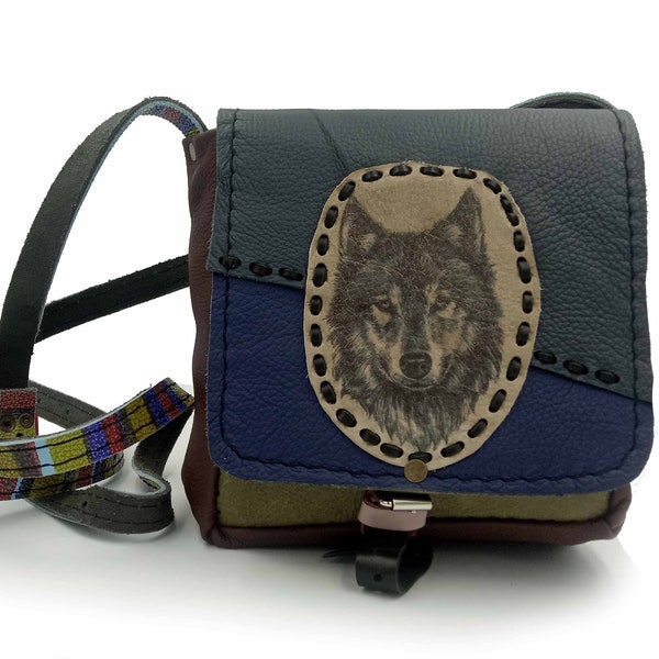 Natural leather handmade upcycling small crossbody shoulder bag Wolf boho vintage patchwork blue