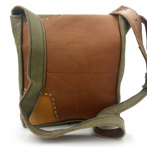 Natural shops leather handmade upcycling crossbody shoulder bag green brown