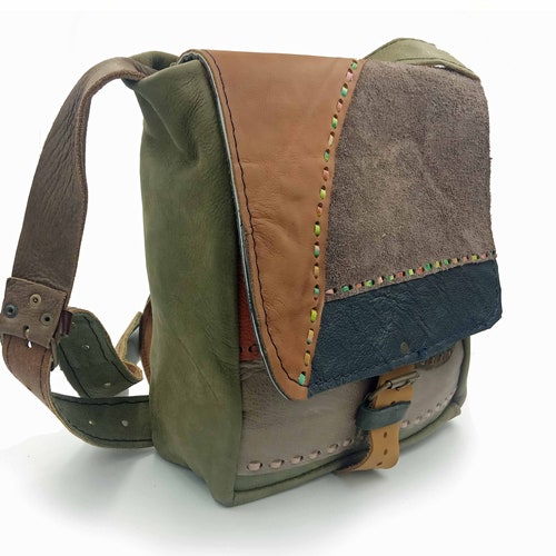 Natural shops leather handmade upcycling crossbody shoulder bag green brown