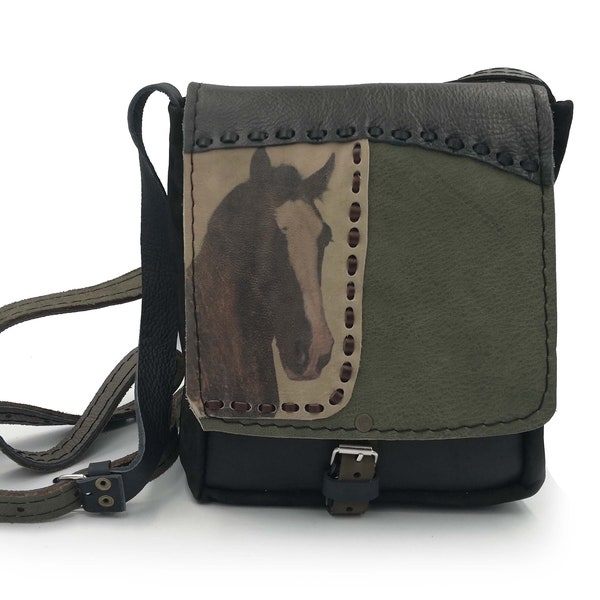 Black-Horse leather bag art natural handmade upcycling small crossbody shoulder bag purse handbag