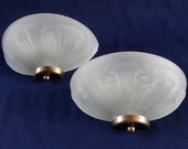 Pair Art Nouveau Vintage French Thick Slip Glass Shades Wall Lights Gold Mounts Lamps Sconces