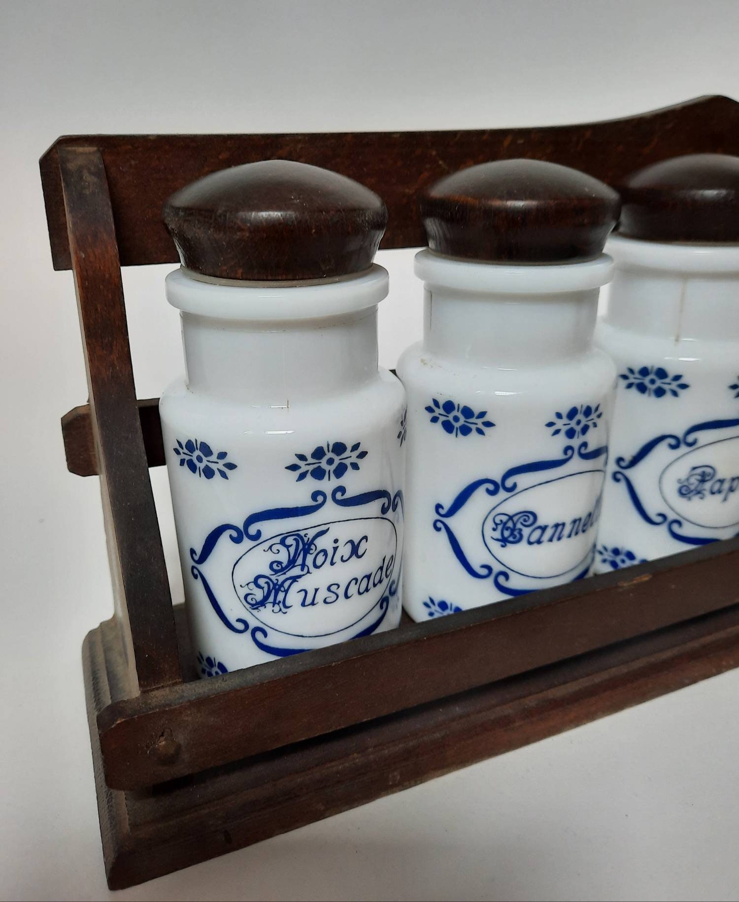Vintage French Milk Glass Spice Jars Set 6 in Wall Rack 2 Etsy