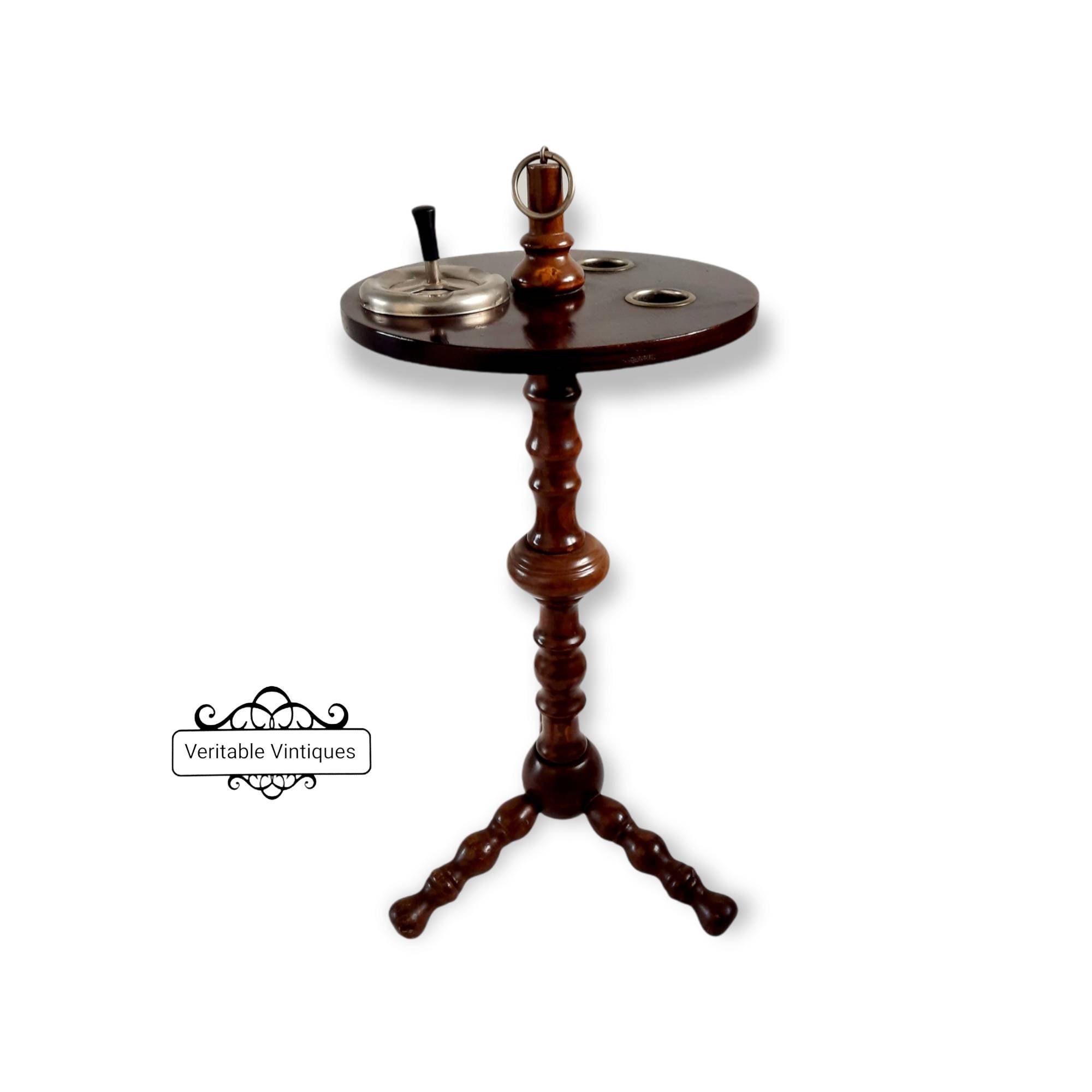 Vintage Français Smokers Table d'appoint, Piédestal Rond, Artisan Fabriqué, Pieds de Bobine en Bois 