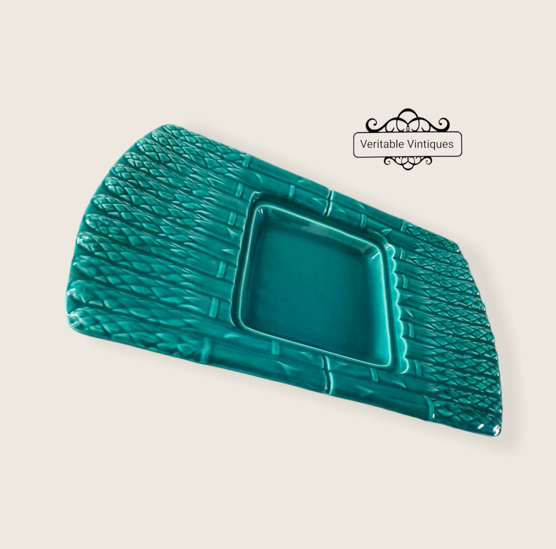Vintage Français Plat d'asperges, Majolique Turquoise, Cuisine Rustique, Décor de Ferme, Service, Sa