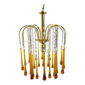 Vintage Murano Chandelier Waterfall, Amber Venini Italian Glass, Lead Crystal Drops, Ornate Light Fitting,