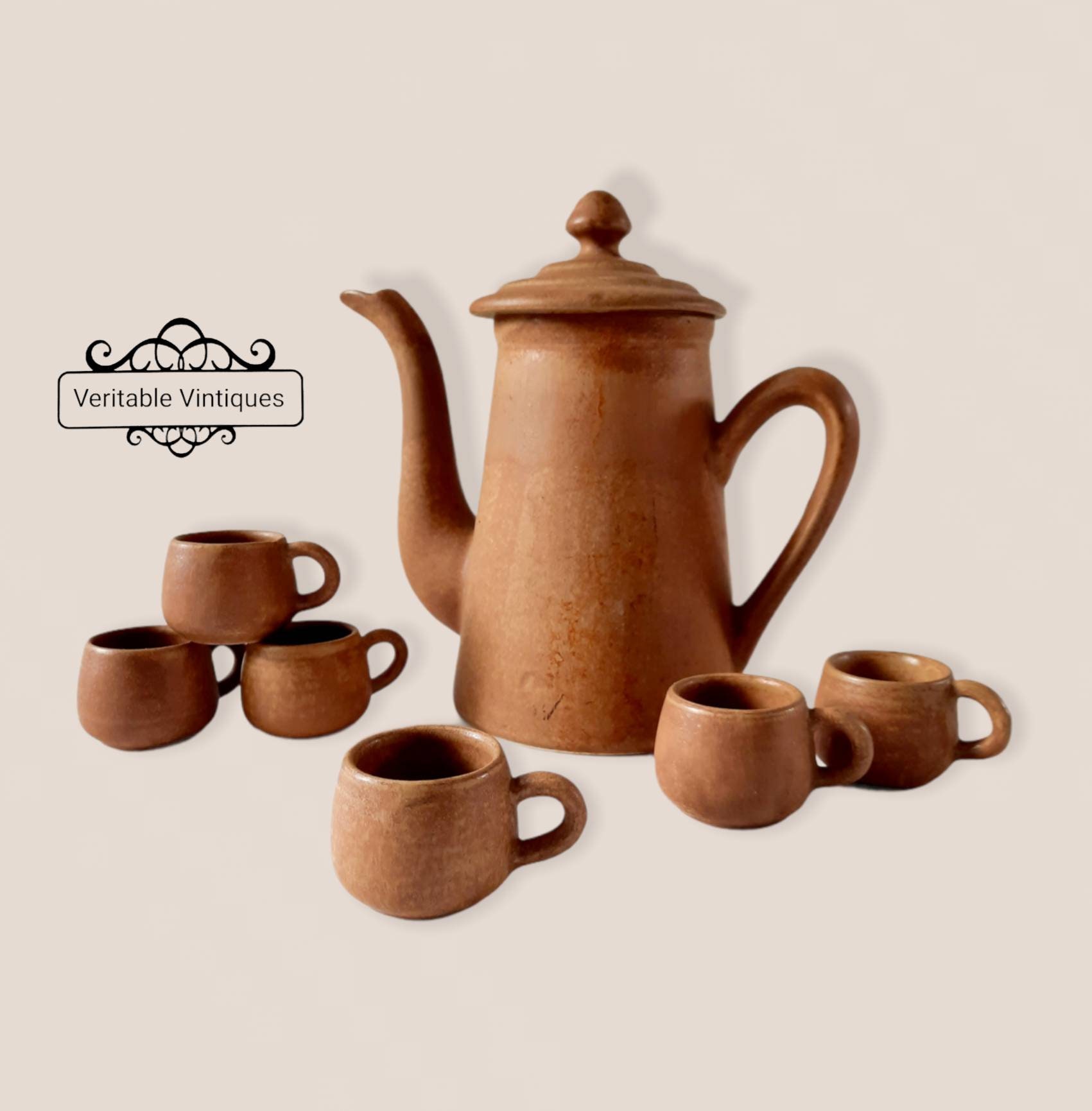 Vintage Français Cafetière en Grès &6 Mini Tasses à Expresso, Faïence, Cuisine Rustique, Décor de Ca