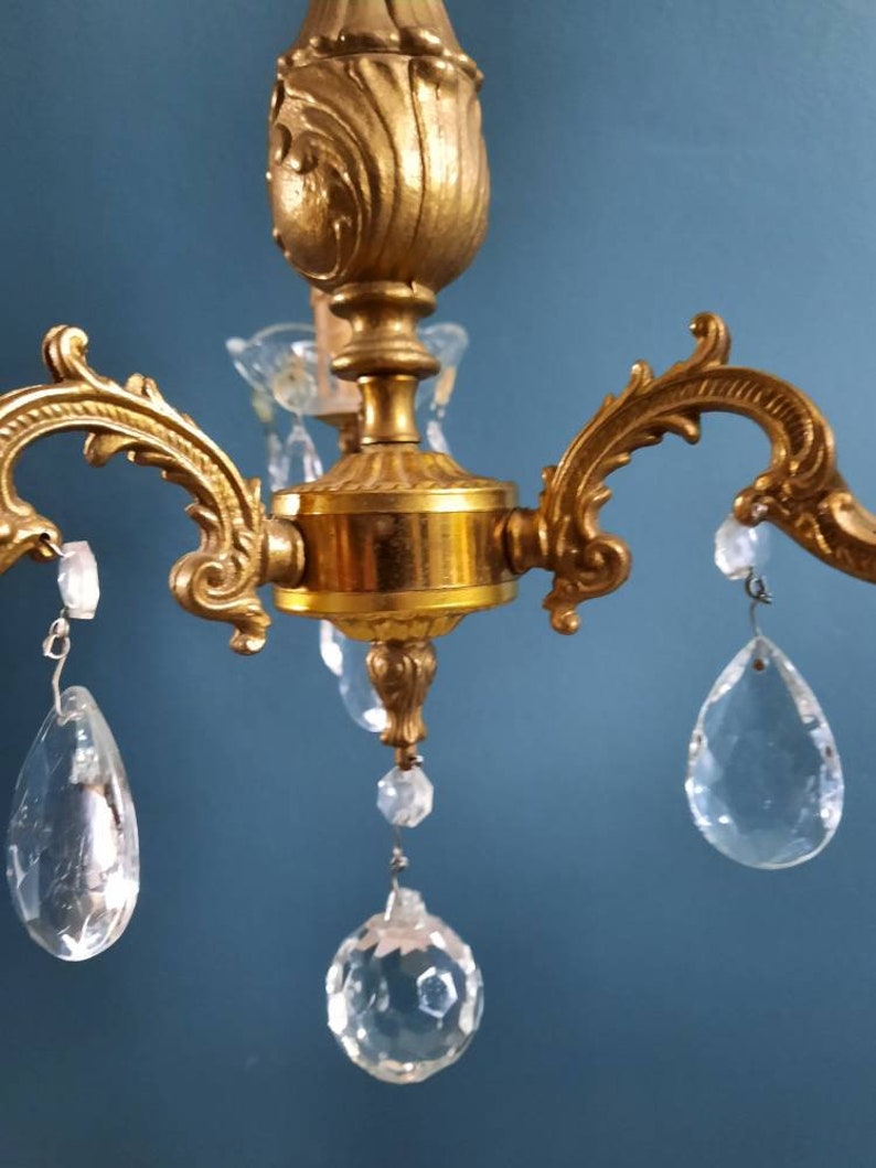 Vintage Italian Chandelier Crystal Brass Hollywood Regency Style Triple Light French Chateau Lighting
