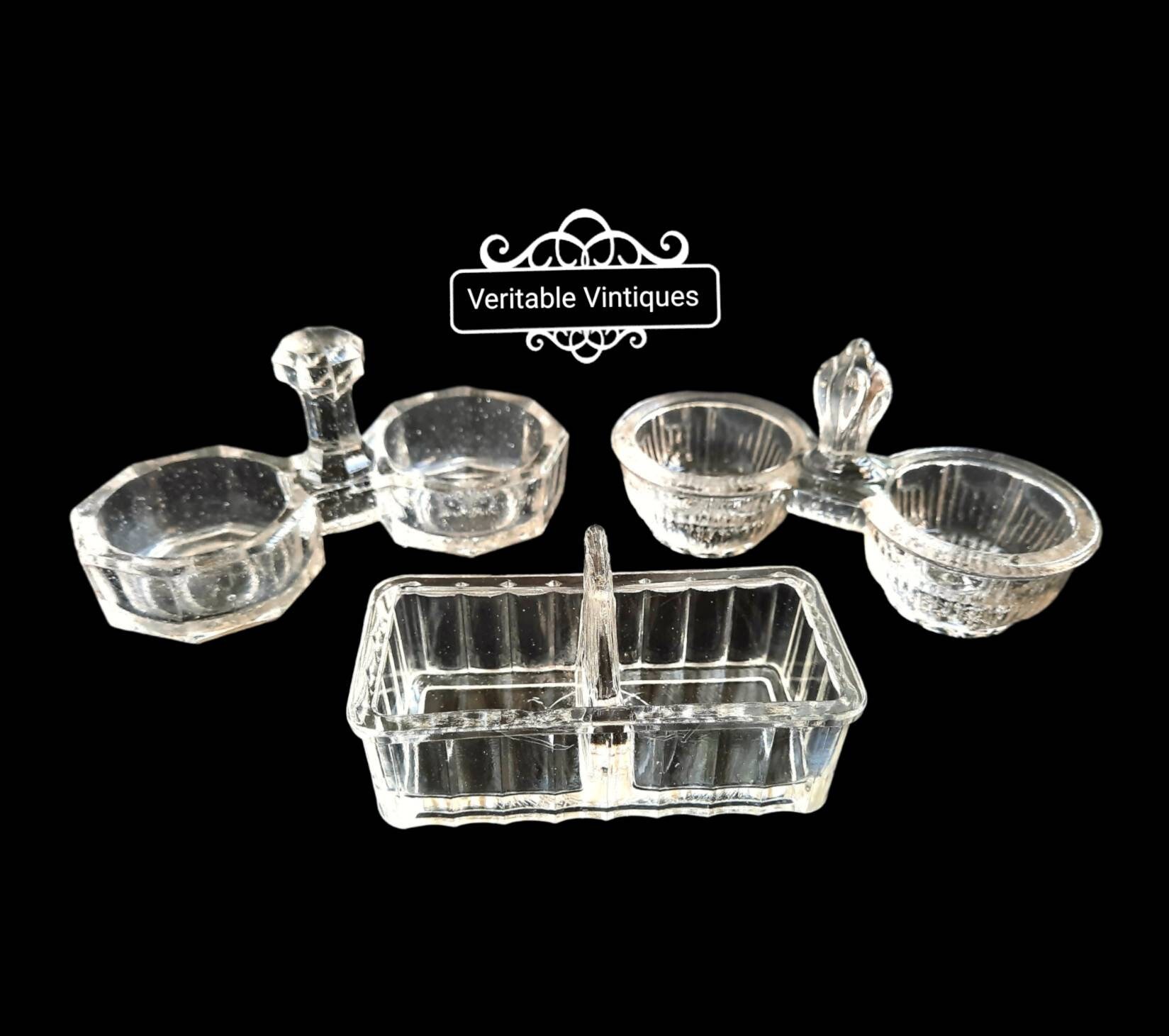 Vintage Français Pots de Pincée en Verre Sel et Poivre, Plat à Anneaux, Ensemble Cruet, Salières Poi