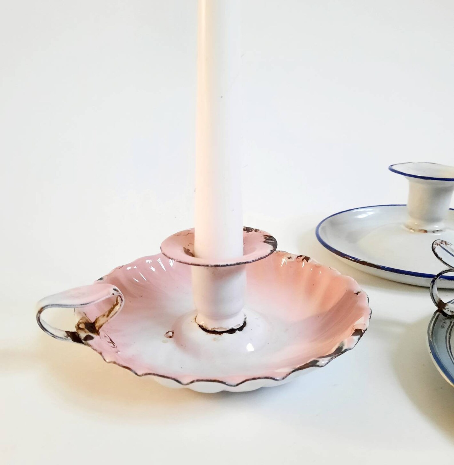 Old French Enamel candle holder Chamber Stick Antique Etsy