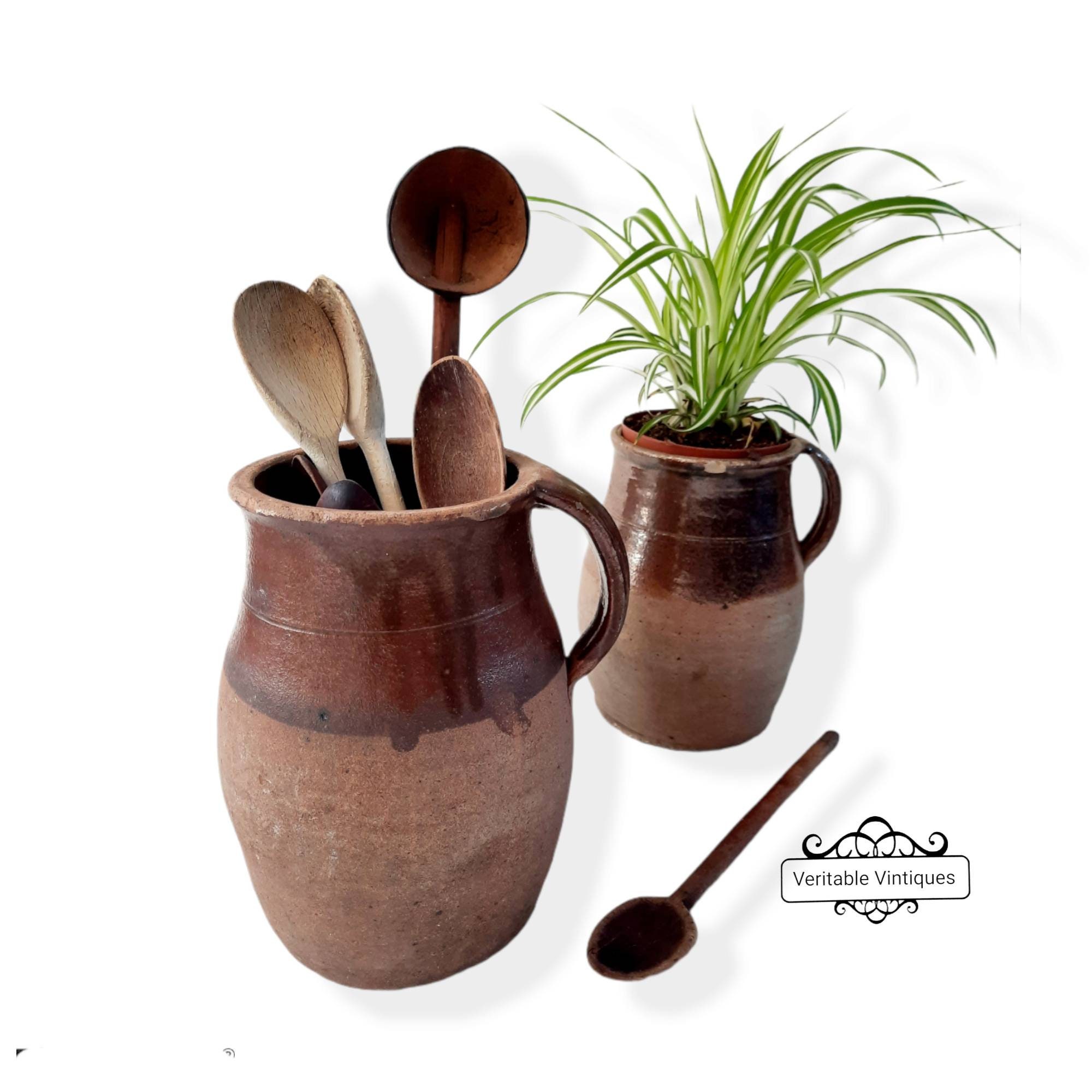 Grand Pichet de Grès Antique Français, avec Poignée, Porte-Ustensiles Cuisine, Pot Confit, Cruche Ru