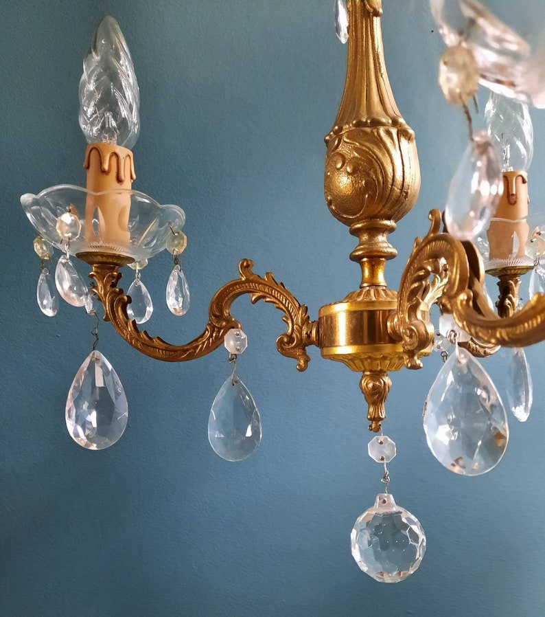 Vintage Italian Chandelier Crystal Brass Hollywood Regency Style Triple Light French Chateau Lighting